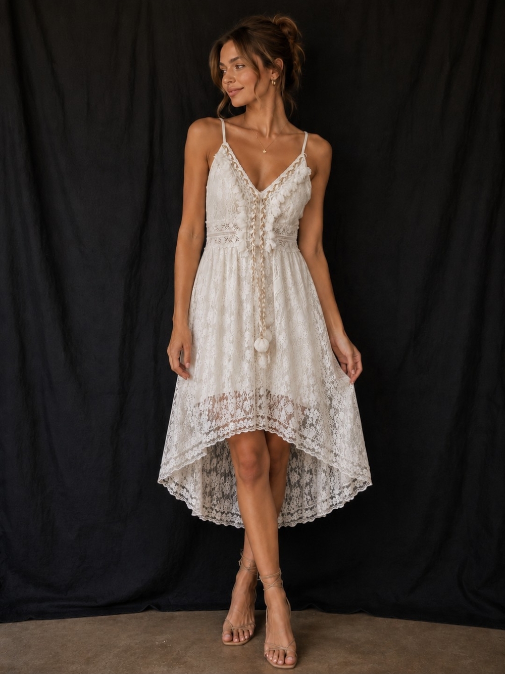 White Lace High-Low Spaghetti Strap Dress